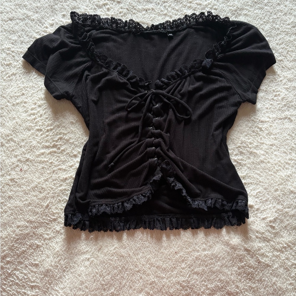 Black Lace Trimmed Ribbed Texture Slightly Cropped Corset Babydoll Top